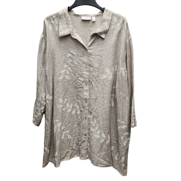 Susan Graver Linen Blend Shirt Womens 5X Tan White Leaf Button Up 3/4 Sleeves - Picture 2 of 10